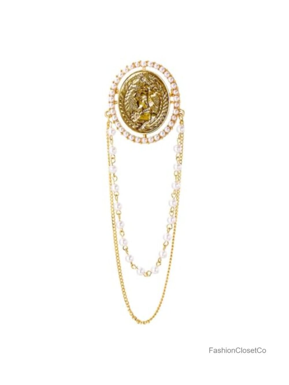 Vintage Pearl Tassel Chain Brooch Gold-Tone Dangle Drop Lapel Pin Women Jewelry